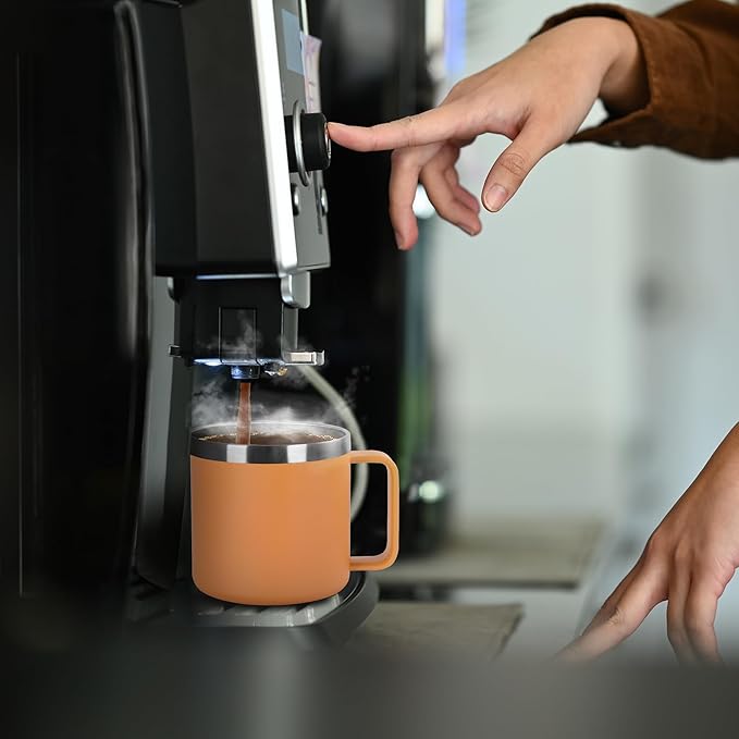 VEGOND 14 oz Insulated Coffee Mug Bulk with Handle, Stainless Steel Travel Coffee Mug with Lid, Double Wall Vacuum Metal Coffee Cup, Coffee Tumbler Powder Coated, Orange 8 Pack