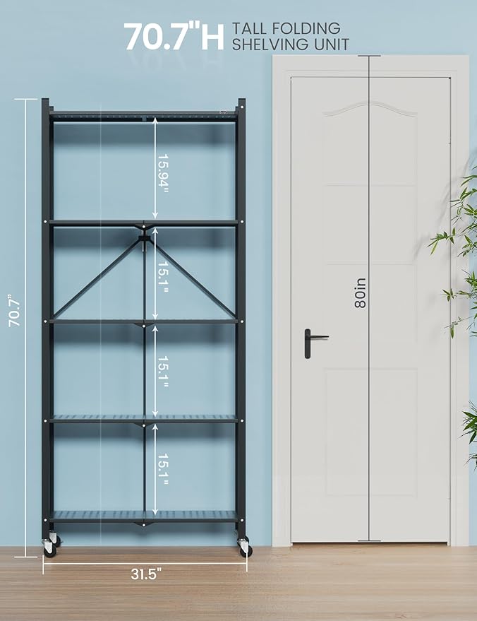 ALANNG 70.7" H Metal Storage Shelves, 5 Tier Folding Shelf on Wheels, Heavy Duty, No Assembly, Rolling, Collapsible Rack Unit for Kitchen, Basement, Pantry (Black,2 Pack)