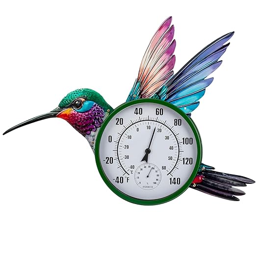 Large Outdoor Thermometer, Hummingbird Wall Thermometers Hygrometer No Need Battery, Retro Sun Outside Thermometer Decoratibve for Backyard, Garden, Living Room