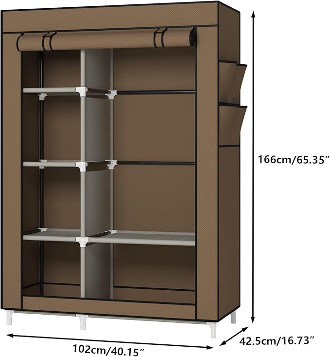 Calmootey Portable Closet Organizers, Clothing Storage, Wardrobe with 6 Shelves and Hanging Rod, Non-Woven Fabric Cover with 4 Side Pockets, Brown