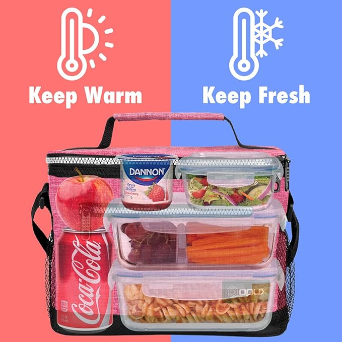 opux Insulated Lunch Box Men Women, Lunch Bag for Work School, Leakproof Soft Cooler Tote Adult, Large Lunch Pail Kids Boys Girls, Picnic Beach Food Bag with Shoulder Strap, Pink
