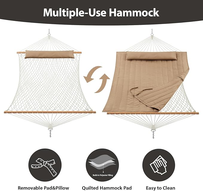 Outdoor Double Hammock with Hardwood Spreader Bars, Large Rope Hammock with Polyester Pad and Pillow, 475 LBS Capacity for 2 Person Patio Backyard Poolside - Tan