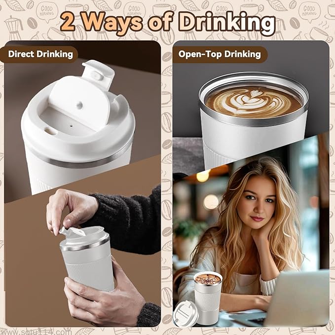 12OZ Travel Coffee Mug Insulated Coffee Cup with Spill Leak Proof Lid, Portable Stainless Steel Tumbler Reusable Hot and Cold Water Mug for Car, Daily, Camping- White