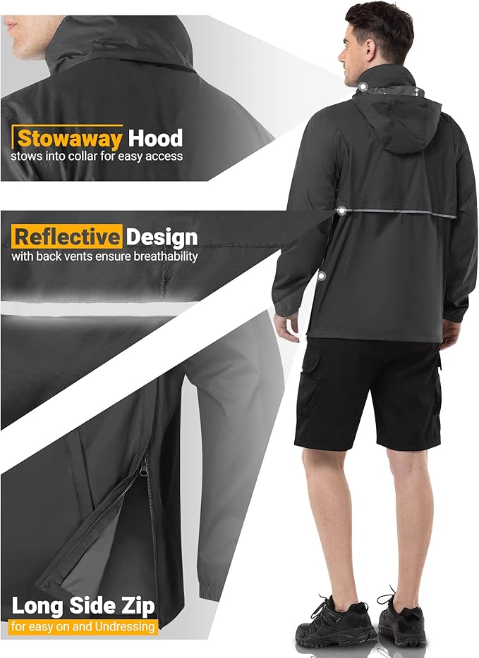 Outdoor Ventures Men's Rain Jacket Waterproof Lightweight Packable Rain Pullover for Hiking Golf Running