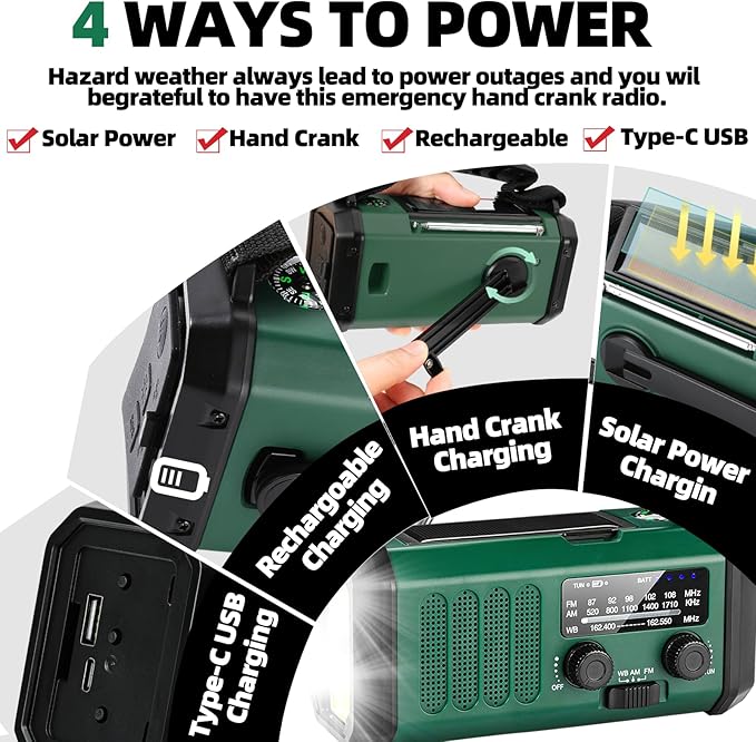 Hand Crank Emergency Radio,37000mWhSolar Powered Hand Crank Portable NOAA AM FM Weather Radio with 3Mode Flashlight and Reading Light,Cell Phone Charger,Home and Emergency Distress Signal
