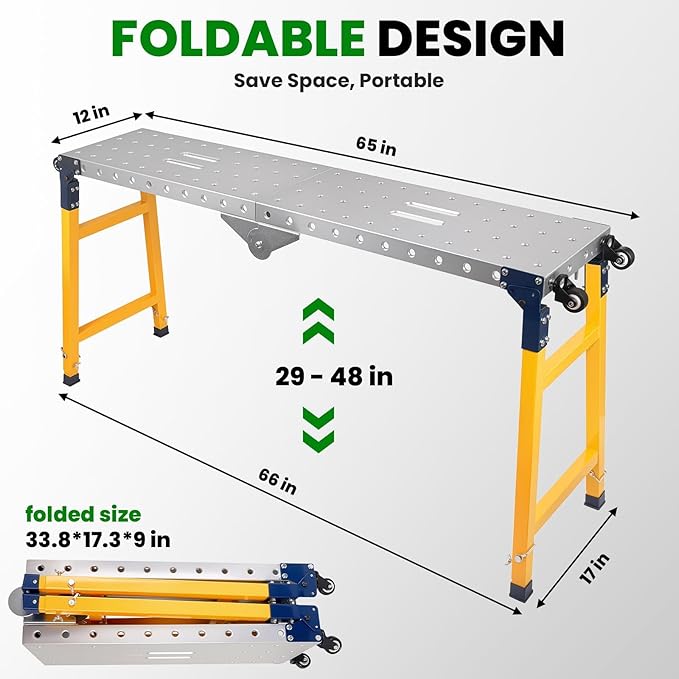 Portable Welding Table 65"x12", 1500LBS Foldable Welding Workbench with 5-Level Adjustable Height 29-48in, Thickened Carbon Steel Welding Table with 4 Swivel Wheels for Industrial Use & DIY Projects