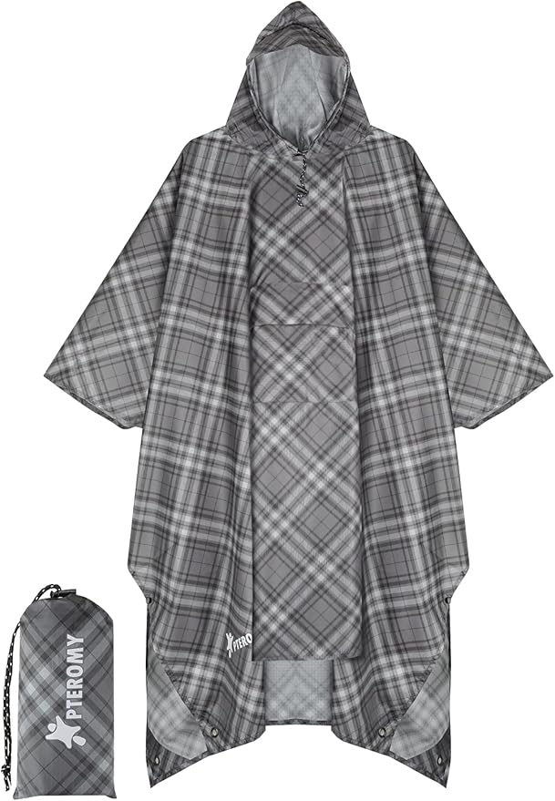 PTEROMY Hooded Rain Poncho for Adult with Pocket, Waterproof Lightweight Unisex Raincoat for Hiking Camping Emergency