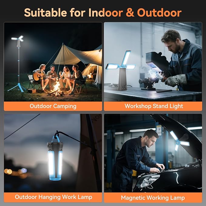 Rechargeable Camping Light with Stand 7ft Max Height, 15000mAh Portable Cordless LED Work Light, 5500 Lumen 6500/4500/3500K Dimmable Emergency Flashlight with Detachable Tripod, Blue