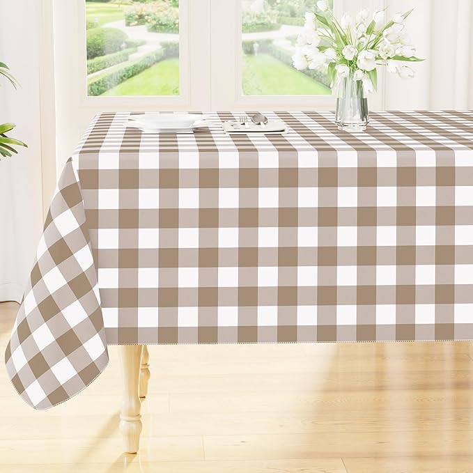 Smiry Rectangle Table Cloth, Waterproof Vinyl Tablecloth with Flannel Backing, Wipeable Buffalo Plaid Table Cover for Dining, Indoor and Outdoor (Khaki & White, 60"x102")