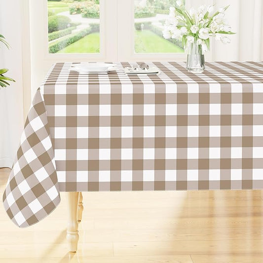 Smiry Rectangle Table Cloth, Waterproof Vinyl Tablecloth with Flannel Backing, Wipeable Buffalo Plaid Table Cover for Dining, Indoor and Outdoor (Khaki & White, 60"x120")