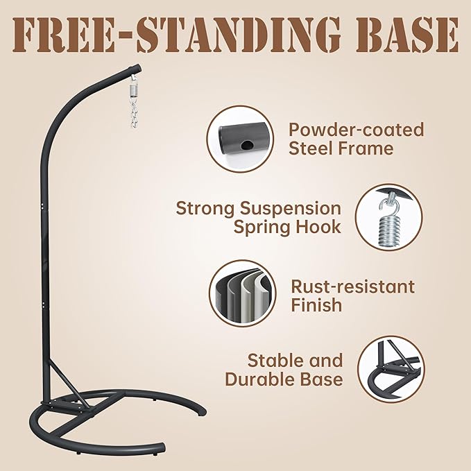 Egg Swing Hanging Chair with Stand, Outdoor Rattan Egg Hammock Chair with Cushion Pillow for Indoor Bedroom Patio Garden for 330lbs/150kg - Dark Brown