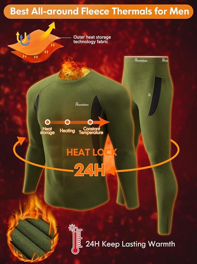 romision Thermal Underwear for Men Long Johns Fleece Lined Hunting Gear Bottom Top Set Base Layer for Cold Weather Gift
