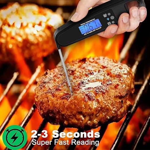 Instant Read Meat Thermometer for Kitchen Cooking, Ultra Fast Precise Waterproof Digital Food Thermometer with Backlight, Magnet and Foldable Probe for Deep Fry, Outdoor BBQ, Grill（Black）