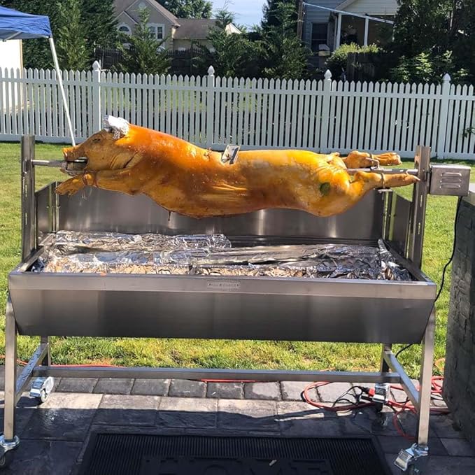 Ash & Ember 13W Stainless Steel BBQ Rotisserie Grill with Windscreen, 4 RPM Rotation Speed, Rated 85 LB for Medium Game, Portable Electric Outdoor Roaster