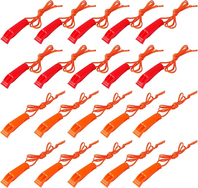 AUGSUN 40 Pcs Emergency Safety Whistle Plastic Whistles Set with Lanyard,Red and Orange