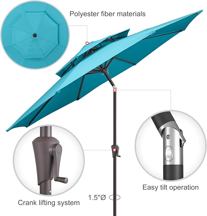 9ft Outdoor Patio Umbrella - 2 Tiers Table Umbrella Waterprool UV Protection, Sombrillas de Patio with Push Button Tilt&Crank, Sun Umbrella for Pool, Porch, Garden, Backyard(Sky Blue)