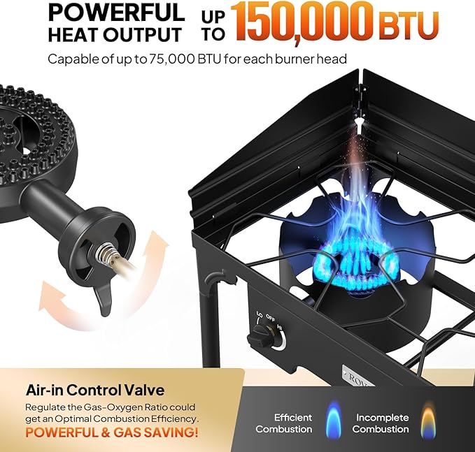 ROVSUN 2 Burner Outdoor Propane Gas Stove with Regulator, Windpanel & Carrying Bag, 150,000 BTU Powerful Stand Cooker for Backyard Cooking Camping Home Brewing Canning Turkey Frying