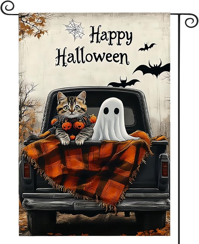 Happy Halloween Garden Flag 12X18 Inch Double Side,Ghost Yard Flag,Cat Small Garden Flag,Yard Outdoor Flag for Holiday Outside Patio Lawn Decoration