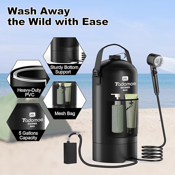 Portable Shower for Camping, 5 Gal/20 L Solar Heating Camping Shower Bag with Shower Pump, Portable Shower Head, Essential for Camping,Festivals, Overlanding, Beach Trips,Outdoor Showers