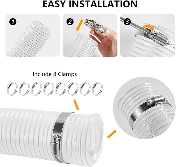 2 1/2" x 30' PVC Dust Collection Hose, Puncture Resistant Fume Collection Hose with 8 Pieces Stainless Steel Clamps, Clear Dust Collector for Woods Debris
