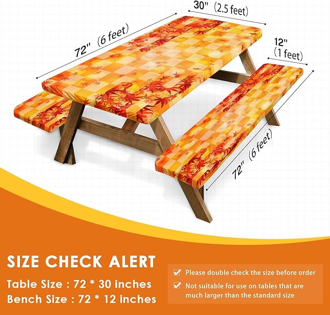 Picnic Table Cover with Bench Covers Elastic Edges, Fall Fitted Table Cover, Outdoor Patio Camping Essentials 72 Inch 3PCS, Waterproof Camping Fitted Tablecloth with Drawstring Bag