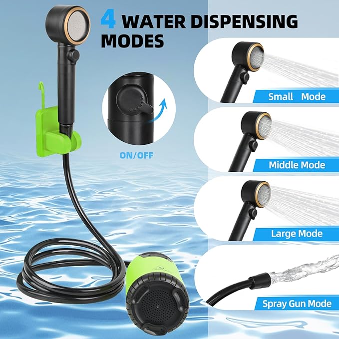 Portable Shower for Camping, 10000mAh Outdoor Electric Shower Pump Rechargeable IPX7 Waterproof Camp Shower with LED Display and 2 Head Nozzle for Camping, Hiking, Travel, Car, Pet