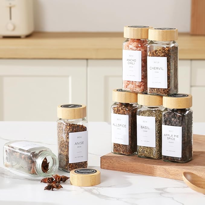 4 oz Glass Spice Jars with Bamboo Lids, Clear Empty Jars with Labels Stickers, Collapsible Funnel, Seasoning Storage Bottles for Spice Racks (24 Pack)