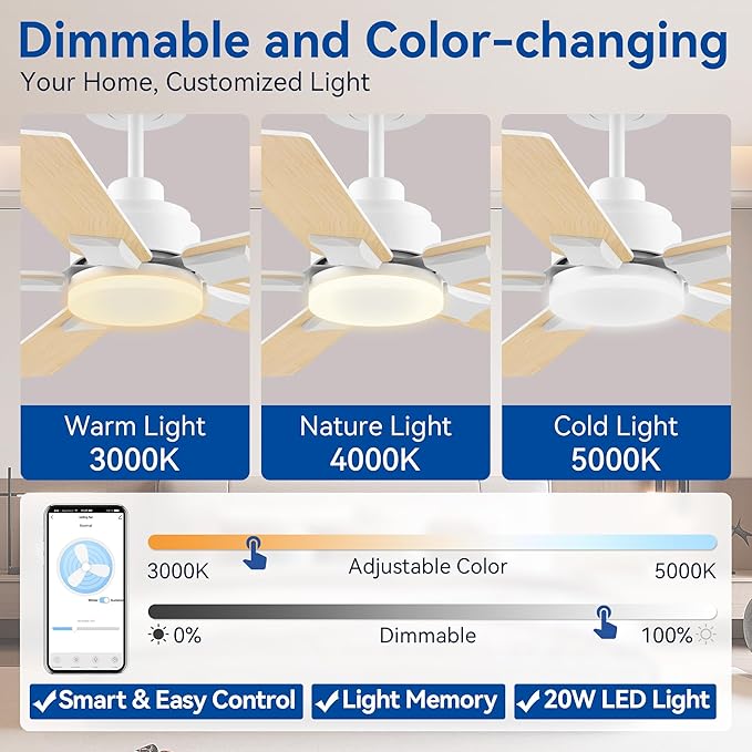 42Inch Smart Ceiling Fan with Lights Remote,APP&Voice Alexa WIFI Controled,Quiet Reversible DC Motor,Dimmable LED,Indoor Outdoor,Small Modern Ceiling Fan,for Bedroom Patio Porch,White&Light Wood