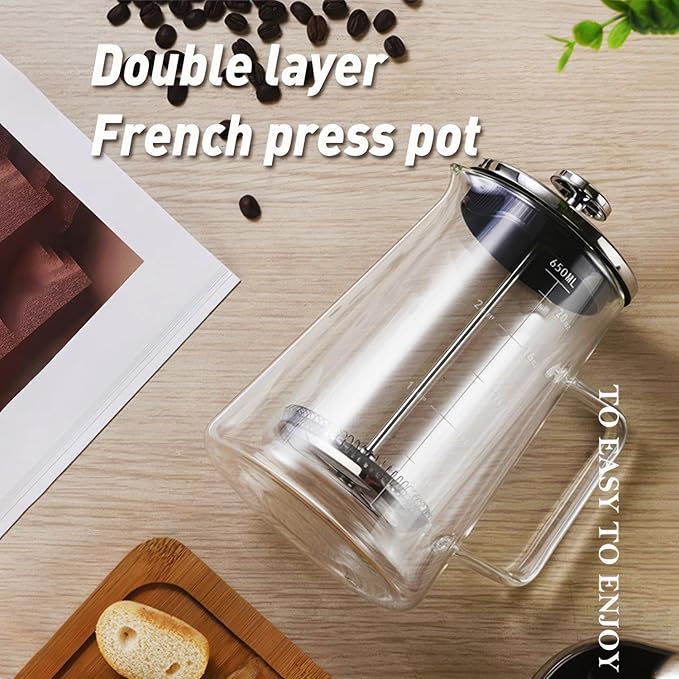 French Press Coffee Maker 22Oz - Double-Wall Insulated Borosilicate Glass - Ergonomic Handle - Coffee Gift - Tea & Coffee Press
