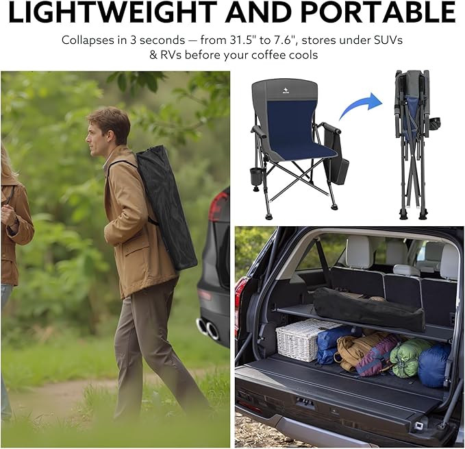 XL Heavy Duty Camping Chair 396lb Capacity (525lb Max) – Waterproof 1680D Oxford Fabric, 2" Padded Seat & Back, Cup Holder, Cooler Pocket, Portable for Camping, Beach & Tailgating (Slate/Red)