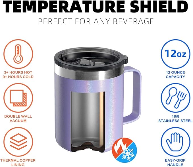 ALOUFEA 12oz Stainless Steel Insulated Coffee Mug with Handle, Double Wall Vacuum Travel Mug, Tumbler Cup with Sliding Lid, GLITTER LAVENDER