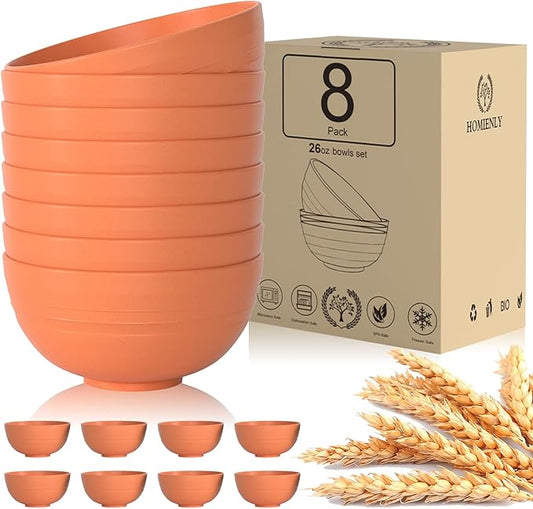 Homienly Wheat Straw Cereal Bowl Set, Wheat Straw Bowls Set - 8 PCS, Unbreakable Lightweight Bowl for Kitchen, Camping, Microwave and Dishwasher Safe Bowls, Soup Bowl (Orange, 26 OZ)