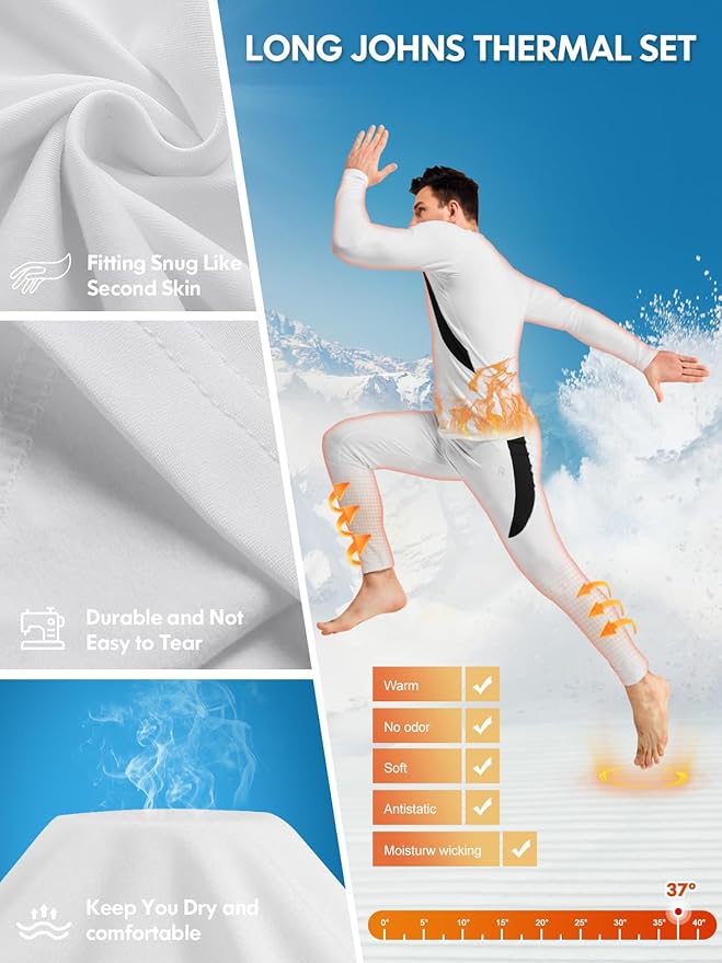 romision Thermal Underwear for Men Long Johns Fleece Lined Hunting Gear Bottom Top Set Base Layer for Cold Weather Gift