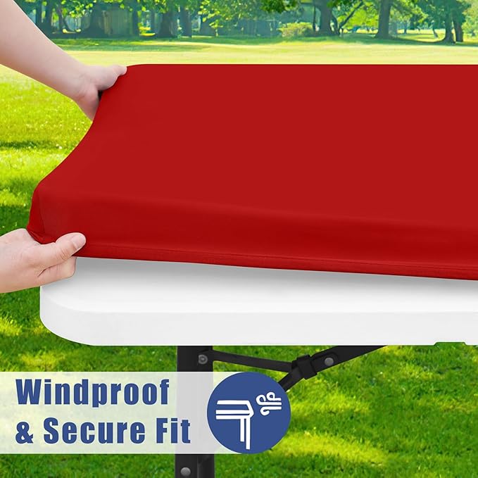 Spandex Picnic Table Cloth 2 Pack, Elastic Fitted Tablecloths for 5 Foot Rectangle Tables, Stretch Washable Patio Table Cover for Outdoor, Camping, Banquet and Parties (Red, 30"x60")