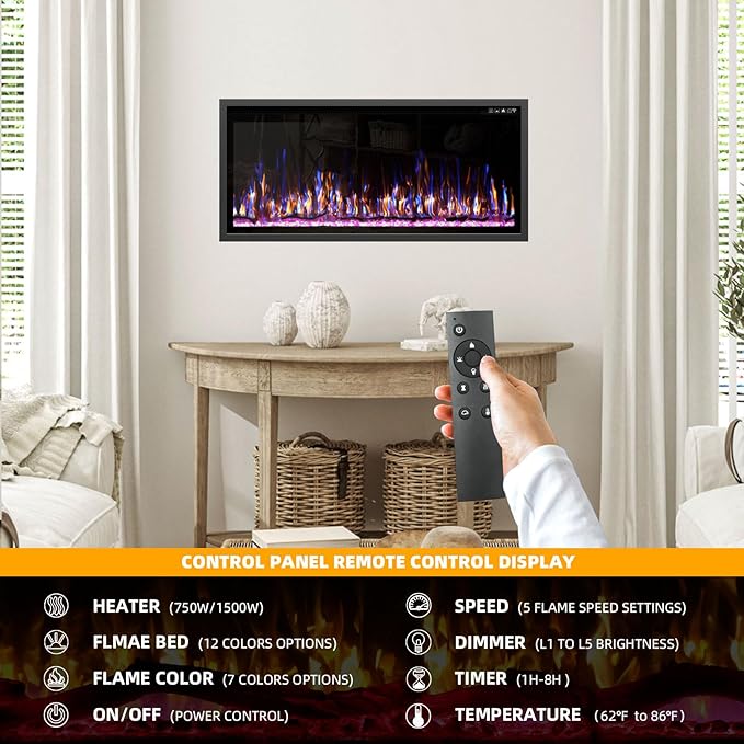 BREEZEHEAT 42 Inch Electric Fireplace-Recessed & Wall Mounted Linear Fireplace-750/1500W Heater w/Temperature Control, Log & Crystal Options, Adjustable Flame, Remote Control