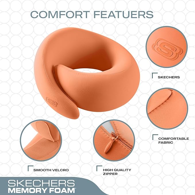 Skechers Memory Foam Travel Pillow,Comfortable & Breathable Airplane Travel Essential, Neck Pillow for Travel, Car Rides, Home, and Office Use, Ergonomic Design for Men and Women,Orange