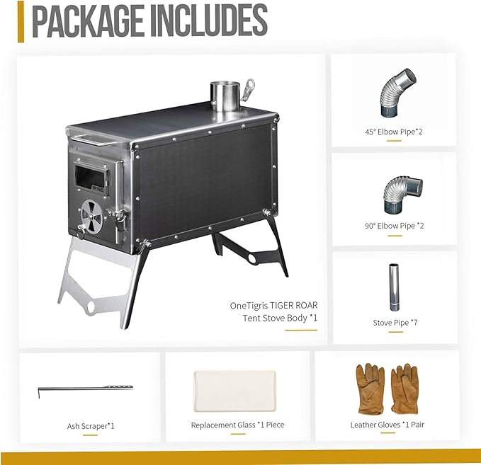 OneTigris Tiger Roar Tent Stove, Portable Wood Burning for Winter Camping Hunting and Outdoor Cooking, Pipes Included