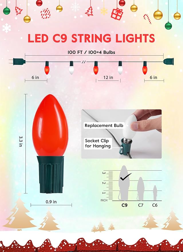 C9 LED Christmas Lights Outdoor, 100 Feet C9 String Lights with 100 Shatterproof Matte Bulbs, Connectable Waterproof Christmas Tree Lights for Holiday Roofline Backyard Garden Decor, Red & Pure White