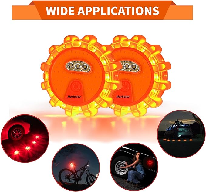 6 Pack LED Road Flare Emergency Car Kit With 9 Blinking Modes,Amber Roadside Safety Flare Discs Warning Light For Car & Truck With Magnetic&Hook (Battery Not Included)