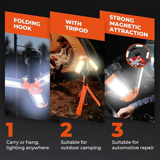 Rechargeable Work Light with Stand, Cordless Triple Work LED Lights, 9000mah Battery, 264-2562 Lumen, 3500-8000K, with Detachable Tripod, Storage Bag for Outdoor Work, Camping