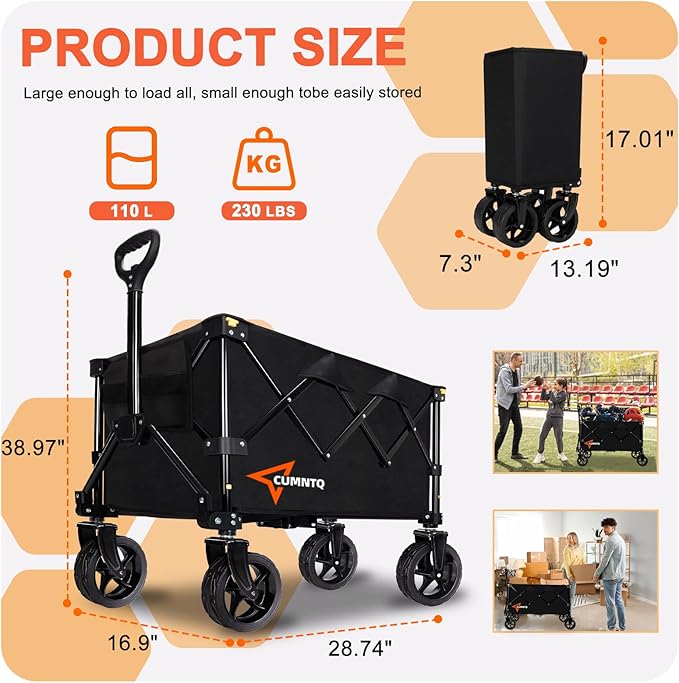 Collapsible Wagon Cart with Wheels, Heavy Duty Foldable Wagon Cart with 230lbs Weight Capacity, Utility Beach Wagons Portable for Outdoor, Grocery, Camping, Shopping, Black