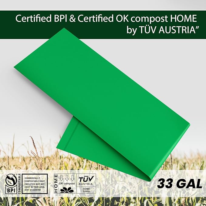 Compostable 33 gallon Large Garbage Bags,15 Count, Fits 33-36 gallon trash can, Extra Strong and Durable,Compostable Lawn & Leaf Yard Waste bags,ASTM D6400,Bpi Certified&OK compost HOME certified