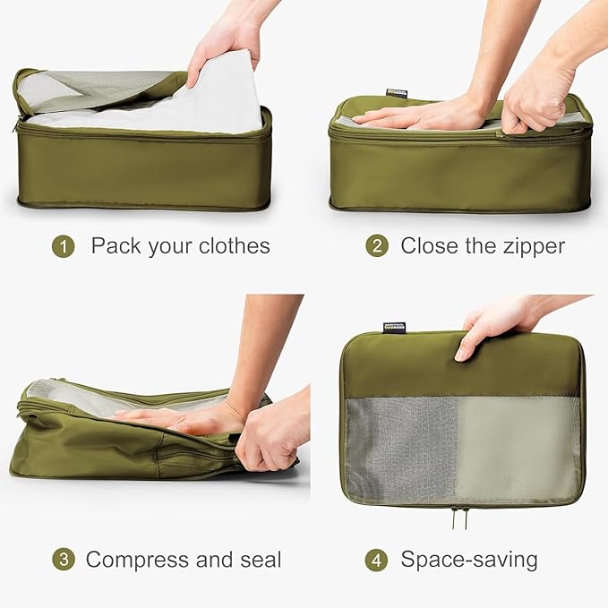 Compression Travel Packing Cubes, 6 Set Expandable Luggage Organizer Bags, Durable Travel Accessories for Suitcases, Backpacks, and Carry-Ons (Army Green)