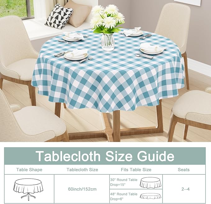 misaya Round Waterproof Vinyl Table Cloth, Buffalo Flannel Backed Tablecloth, Wipeable Plastic Table Cover for Dinner, Kitchen, Picnic (60", Aquamarine and White)