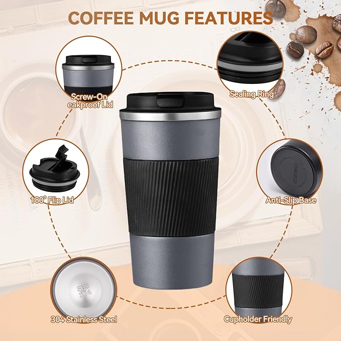 17OZ Travel Coffee Mug Insulated Coffee Cup with Spill Leak Proof Lid, Portable Stainless Steel Tumbler Reusable Hot and Cold Water Mug for Car, Daily, Camping- Gray