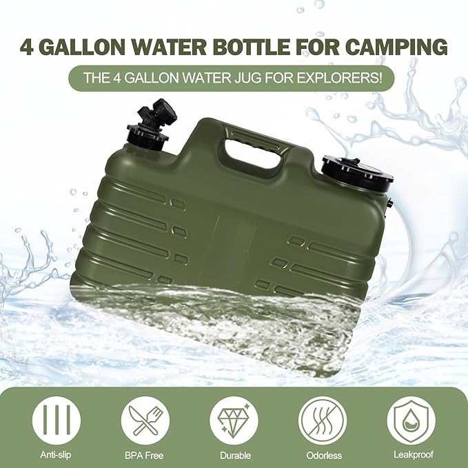 REDCAMP 4 Gallon/15L Portable Water Container with Spigot, Camping Water Jugs, Water Tank, Portable Emergency Water Storage for Camping, Car, Hiking&Hurricane Supplies, Green