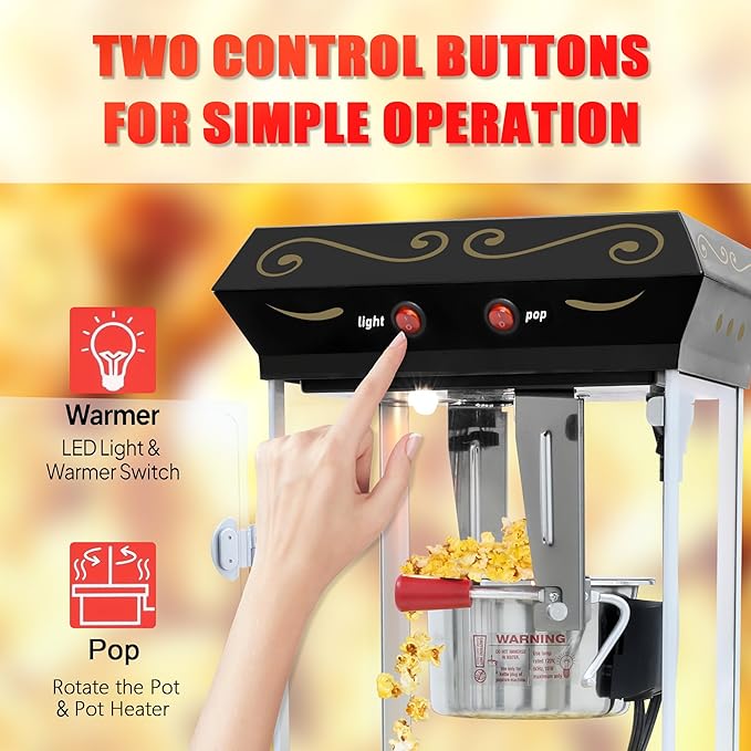 Popcorn Maker Machine - Professional Cart With 6 Oz Kettle Makes Up to 25 Cups, Stainless Steel Vintage Commercial Popcorn Machine Movie Theater Style (Black)