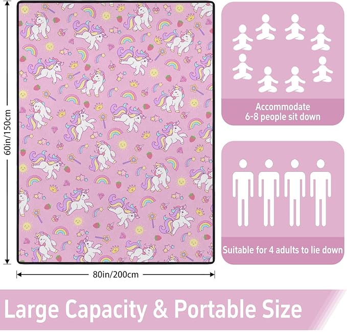 Extra Large Picnic Outdoor Blanket 60''x80'' Pink Unicorn Waterproof and Sandproof Picnic Mat for Beach Foldable Camping Accessories for Grass Lawn Park