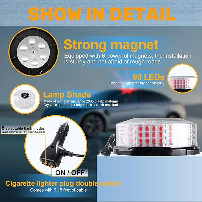 Red Beacon Light, 7" LED Rotating Beacon Red Flashing Safety Warning Lights Magnetic Beacon Emergency Strobe Lights for Trucks Trailer Tractor Forklift Golf Carts Construction Vehicles