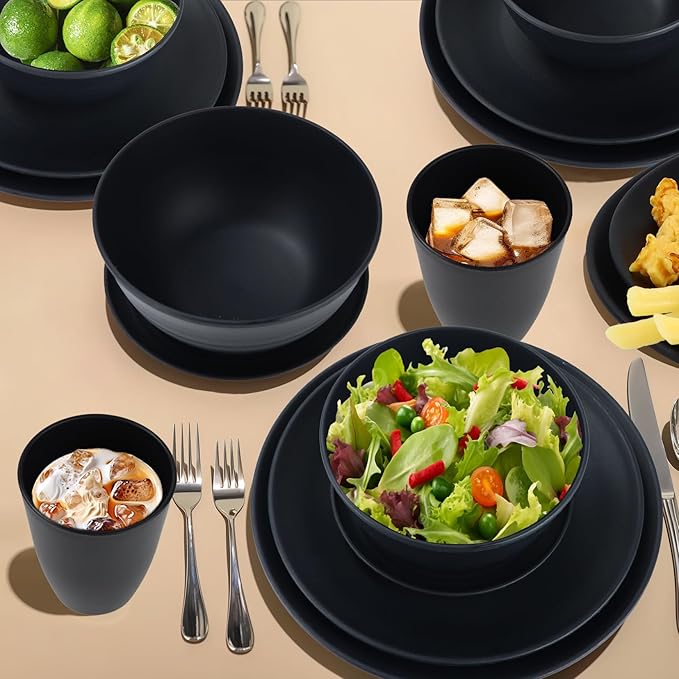 Wheat Straw Dinnerware Set of 40 Pieces - 10" & 9" Plates, 6" Snack Plates, 26oz & 12oz Bowls & Cups - Unbreakable, Microwave & Dishwasher Safe - Black